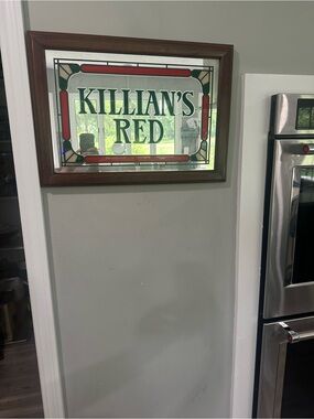 Vintage Killian's Red Stained Glass Sign - Green & Red mirror wood frame